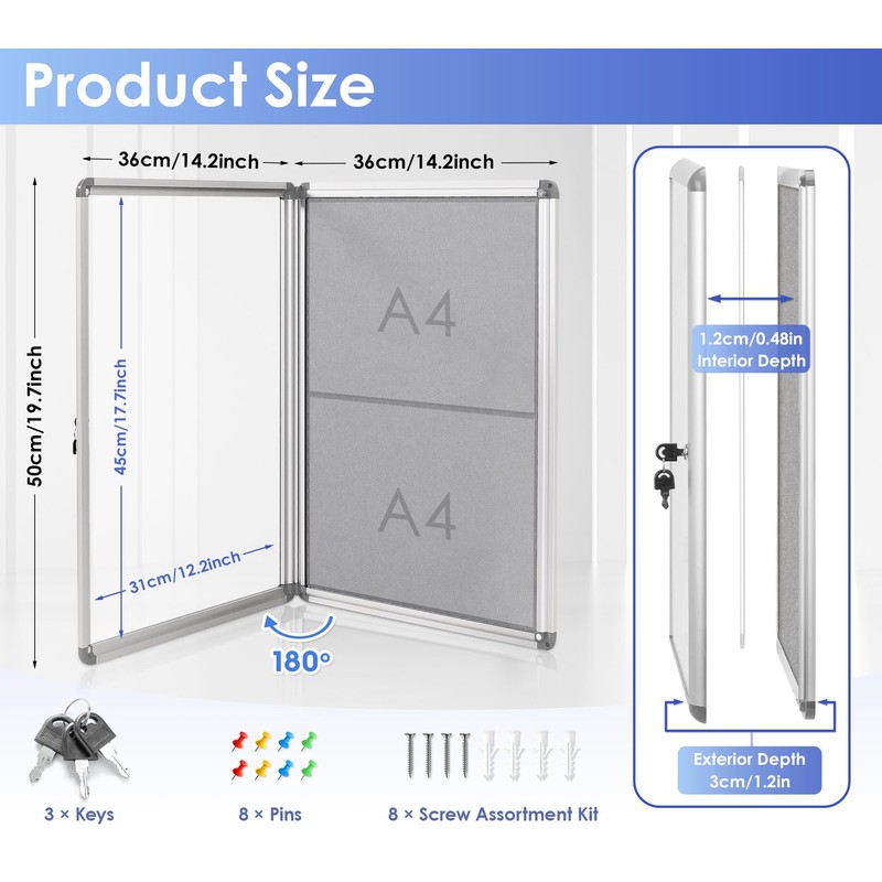 SWANCROWN Enclosed Bulletin Board Lockable Noticeboard Case with Aluminium Frame,Grey