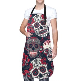 Duduho - Delantal floral de calavera de azúcar impermeable con 2 bolsillos para cocina y cocinero para hombres y mujeres