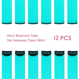 WENNALIFE 12 PCS Teal Hair Extensions Clip in, Colored Clip in Hair Extensions for Kids Highlights Rainbow Hair Clips for Girls Synthetic Straight Pop-up Style Colorful Festival Girls Hair Accessories
