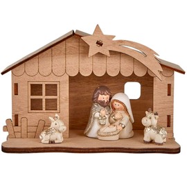 Needzo Miniature Wooden Battery Operated Light Up Creche, Nativity Sets for Christmas Indoor Decorations, Lighted Manger Scene Figurines, Religious Xmas Gifts for Catholic Families, 6 Inches