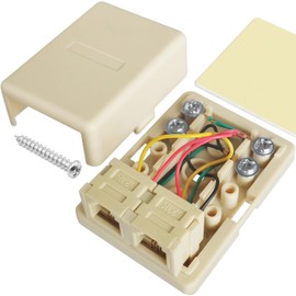NECABLES Phone Jack Surface Mount Dual Port Telephone Jack Box 4 Screw Terminals to 2 RJ11 6P4C Female Ivory