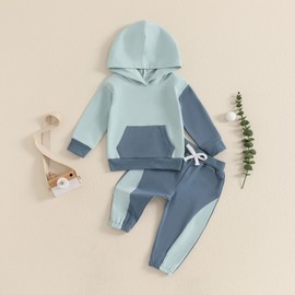 Vioyavo Toddler Baby Boy Clothes Set Fall Winter 2 Pieces Tracksuit Outfit Contrast Color Hooded Sweatshirt Elastic Waist Sweatpants Set (Blue, 6-12 Months)