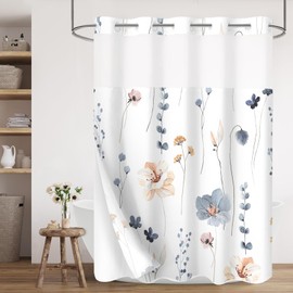 Gibelle No Hook Floral Shower Curtain with Snap-in Fabric Liner Set for Bathroom, Hotel Style Teal Beige Modern Flower Shower Curtain with See Through Top Window, Waterproof & Washable, 72x74