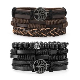 CHUCI - 6 Piezas Pulseras para Hombre, Pulseras de Cuero Genuino con Diseño de Árbol de la Vida, con Cuentas de Piedra de Lava Natural de Ojo de Tigre, Pulseras Elásticas Étnicas Tribales