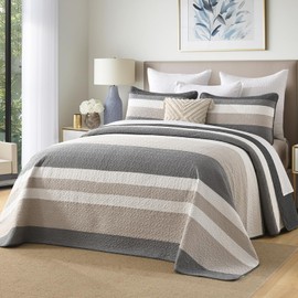 DUOHONG 120"x120" Oversized Bedspread - 100% Cotton, California King Extra Large Quilt, Striped Pattern Cal King XL Bed Spread Lightweight Comforter, 3pcs, Light Sandy Beige/Dark Gray