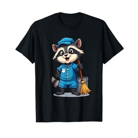 Cartoon Raccoon with Mop and Bucket – Cleaning Character T-Shirt