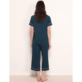 GYS Premium Womens Pajama Set Bamboo Viscose 2 Piece Short Sleeve Sleepwear, Ink Blue, Large