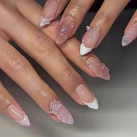French Tip Press on Nails Medium Length Flower Fake Nails with Charms Butterfly False Nails Almond Shape Reusable French Acrylic Nails Butterflies Glue on Nails for Women Girls Manicure Art 24Pcs
