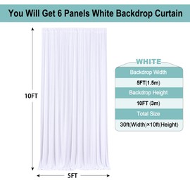 NSSONBEN 30ft x 10ftt Wrinkle Free White Backdrop Curtains for Parties Wedding, 6 Panels 5x10ft Silky Soft Polyester Photo Backdrop Drapes for Party Birthday Baby Shower Photography Cloth Background