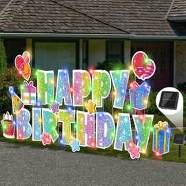 Vivantia 25 Pieces Happy Birthday Yard Signs with 23ft Solar LED Light Outdoor Birthday Lawn Signs with Stakes Letters Balloons Birthday Lawn Decoration for Birthday Supplies, Light Glitter Rainbow