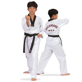 Daedo Taekwondo Uniform - Black Neck, WT Recognized, Ribbed Polyester, Includes Pants & Top with Embroidered Taekwondo, Height - 150 cm