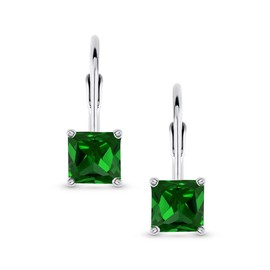 Classic Bridal Simulated Emerald Princess Cut Green Cubic Zirconia Solitaire Square AAA CZ Leverback Earrings For Women .925 Sterling Silver