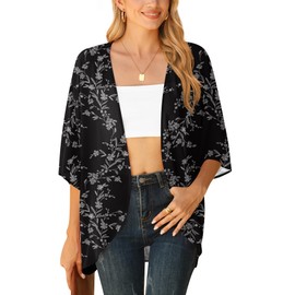 LILBETTER Womens Floral Chiffon Kimono Cardigans Loose Beach Cover Up Half Sleeve Tops(Black Leaves Medium)
