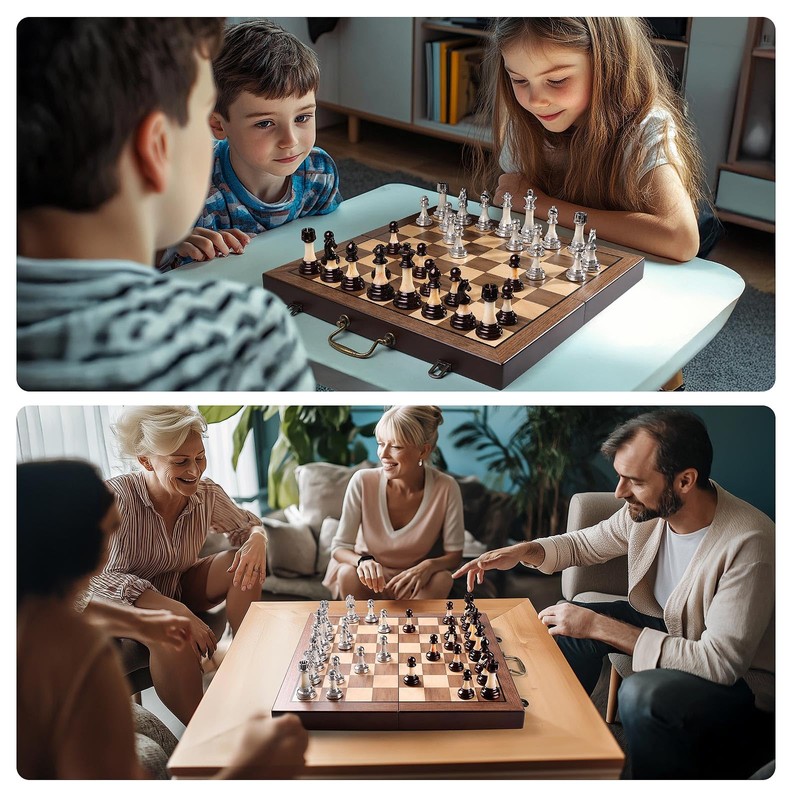 Deluxe Chess Set 16.5'' Wooden Large Folding Chess Board Game