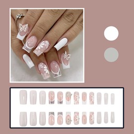 24Pcs French Tip Press on Nails Medium Flower Fake Nails 3D Butterfly Charms Acrylic Nails Spring Daisy Artificial Glue on Nails with Rhinestones Square Shape False Nails White Stick on Nails Kit