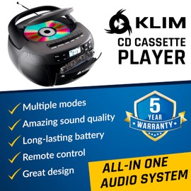KLIM CD + Cassette Tape Player, Bluetooth CD Boombox, AM/FM Radio, Stereo Sound, Remote, CD and Cassette Player Combo, Tape Recording, USB Drive, AUX