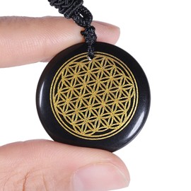 KYEYGWO Engraved Obsidian Chains with Adjustable Rope, Round Stone Pendant, Healing Stone, Talisman Necklaces, Amulet, Blessing, Jewellery for Men and Women, Obsidian Obsidian Nylon rope, Obsidian