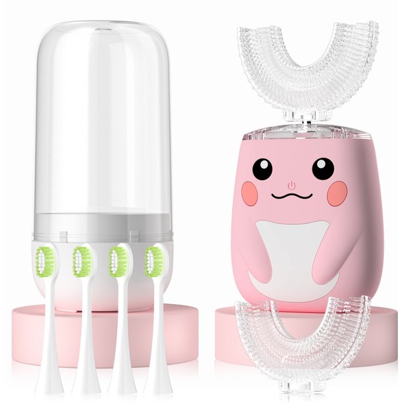 ELOTAME Kids Electric U Shaped Toothbrush,Toddler Sonic Toothbrush with 6 Soft Brush Head Automatic Toothbrush Rechargeable 6 Cleaning Modes IPX7 Waterproof 360 Degree Cleaning -Age2-7 Pink