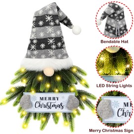 Christmas Wreath for Front Door, Lighted Gnome Christmas Door Wreath, Artificial Santa Xmas Hanging Sign for Door Window Wall Decorations Farmhouse Christmas Home Decor (Silver)