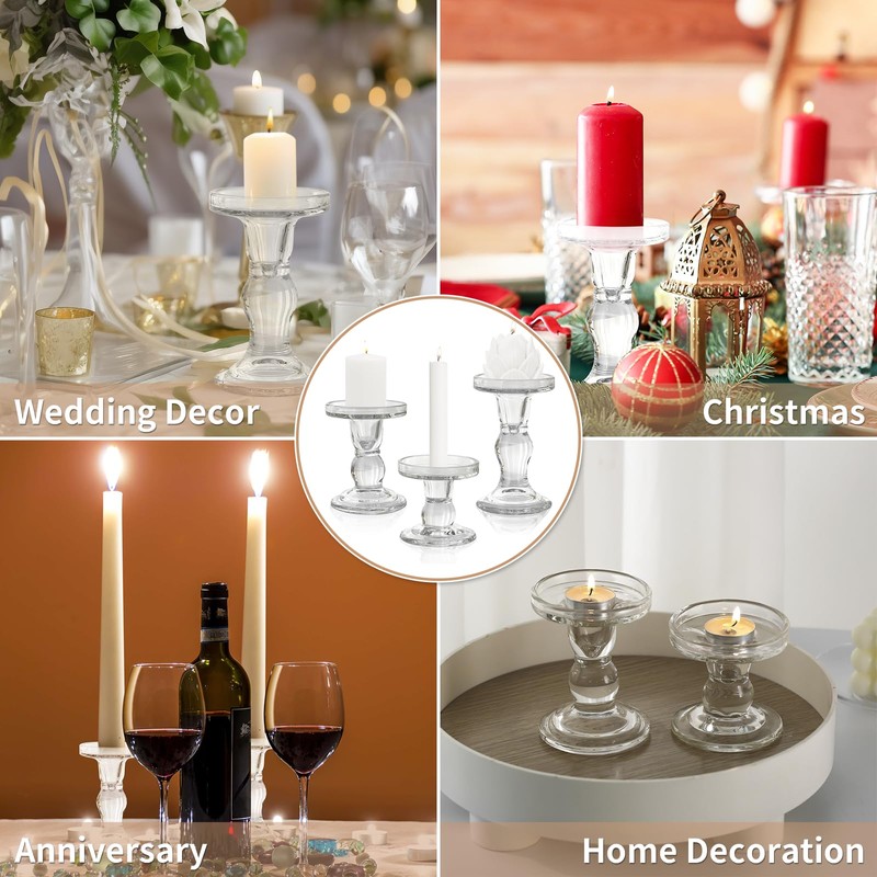 Glass Candle Holders, 3 Pieces Crystal Clear Candlesticks with Elegant