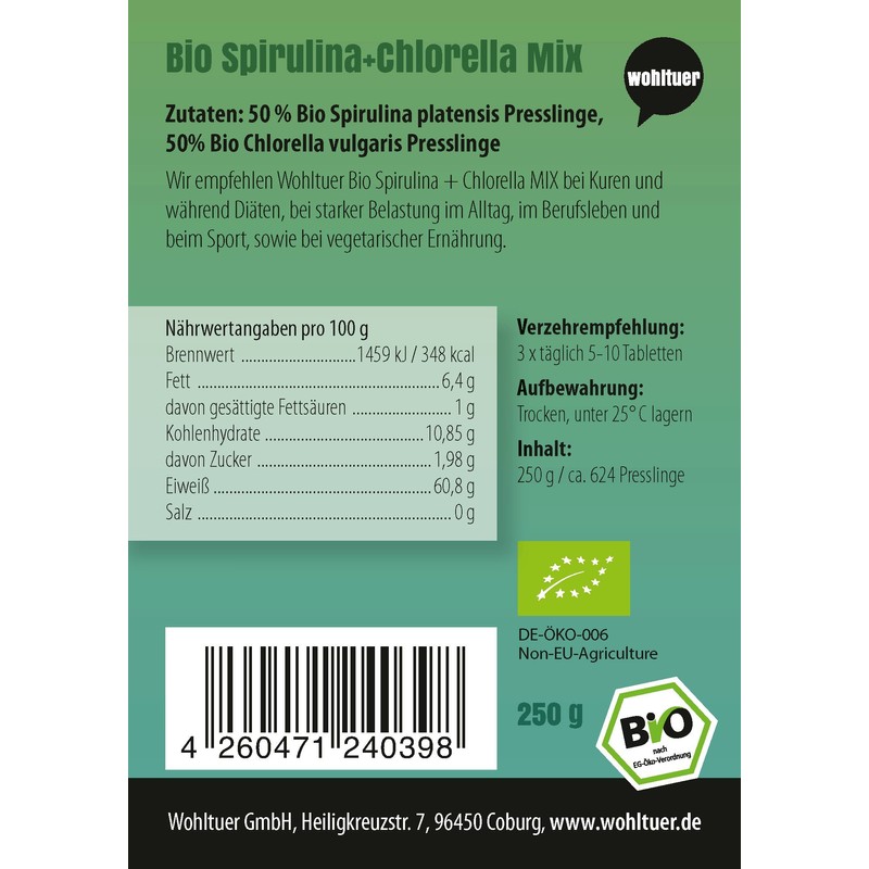 Wohltuer Organic Spirulina & Chlorella Algae Superfood Raw Quality Mix