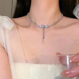 Iaceble Sparkly Rhinestone Choker Necklace Crystal Bow Collar Necklace Silver Cz Pearl Drop Necklace Rhinestone Tennis Necklace Chain Crystal Wedding Necklace Jewelry for Women