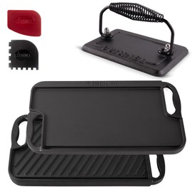 Cuisinel Cast Iron Griddle/Grill + Burger Press + Pan Scrapers - Reversible Pre-Seasoned 16.75" X 9.5"-inch Dual Handle Flat Skillet and Griller Pan + Cleaning Accessories - Use Indoor/Outdoor Stove