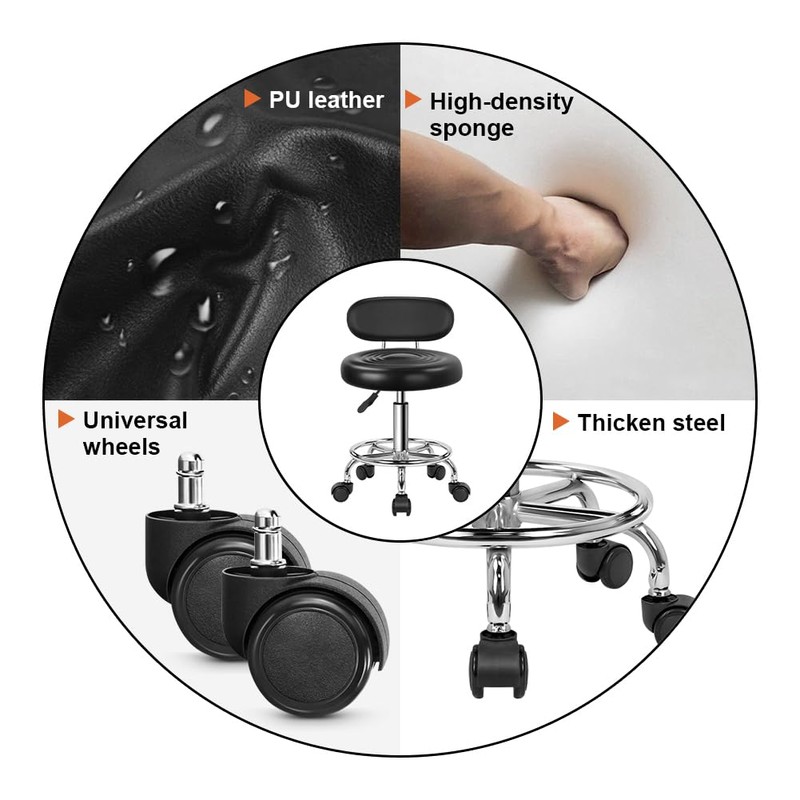 KKTONER PU Leather Modern Rolling Stool with Low Back Height