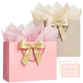 ANZNKU - Paquete de 2 bolsas de regalo grandes con asas para cumpleaños y boda (champaña beige + rosa melocotón)