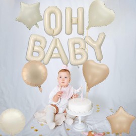 OH BABY Balloons Banner, 16 Inch Beige Mylar Foil Letters Baby Shower Sign Reusable Banner Bunting with Star Heart Balloons for Boys, Girls Boho Baby Shower Gender Reveal Decorations