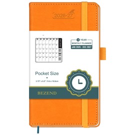 BEZEND Pocket Monthly Planner 2026-2027 (3.5" x 6.5") 2 Year Calendar Book for Purse with Note Pages, 100 GSM Paper, Inner Pocket, Pen Holder, Vegan Leather Hardcover in Orange