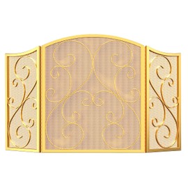 Fire Beauty Fireplace Screen 3 Panel Wrought Iron Metal 48"(L) x30(H) Spark Guard Cover(Golden Dusting)