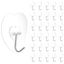 Nogeqi 30pcs Adhesive Hooks for Hanging,Clear Self Adhesive Hooks Heavy Duty Hooks,Waterproof for Shower Wall School Bathroom Kitchen Office(Heart Shape)