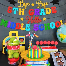 Bye Bye 5th Grade Hello Middle School Graduation Banners Party Decorations,Class of 2025 5th Grade Graduation Banner for 5th Grade Grad Party Decorations Supplies