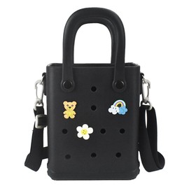 Juyeesm Mini Rubber Beach Bag with Strap & Charms, Waterproof EVA Beach Bag for Girls, Small Rubber Tote Bag for Women (Dark Black)