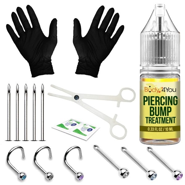 BodyJ4You 15PC Nose Piercing Kit Aftercare Bump Removal Solution | Nostril Screw Curved Bone Stud Push in Pin CZ Crystal | 18G Stainless Steel Needles Tools Gloves Clamps