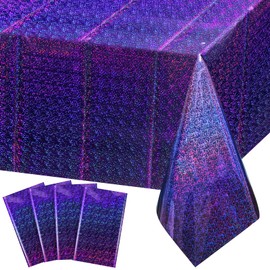 FunnyPars 4 Pack Iridescent Plastic Tablecloths Shiny Disposable Laser Rectangle Table Covers Holographic Foil Tablecloth Iridescent Party Decoration Birthday Bridal Wedding Christmas 54"x108"(Purple)