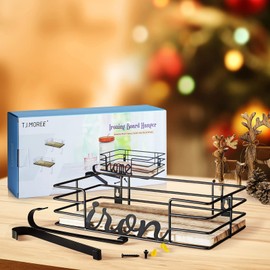 TJ.MOREE Hanger wall mount - Laundry Room Iron and ironing board Holder, Metal with Large Storage Wooden Base Basket and Removable Hooks (Black)