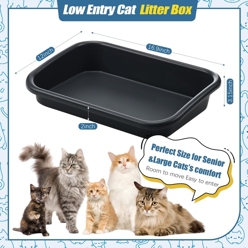 Uiifan Low Entry Cat Litter Box, Black Gray, 16.9 x