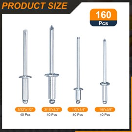 sourcing map 160Pcs 1/8"x1/4", 1/8"x3/8", 5/32"x1/2", 3/16"x1/2" Round Head Blind Rivets Assortment Kit, Zinc-Plated Carbon Steel Grip, and Mandrel Cap Blind Rivets, Silver