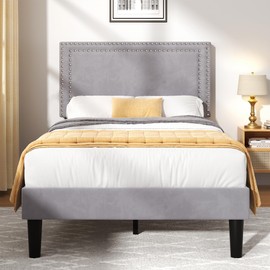 VECELO Twin Size Platform Bed Frame with Adjustable Upholstered Headboard, Strong Wood Slat Support, No Box Spring Needed, Easy Assembly