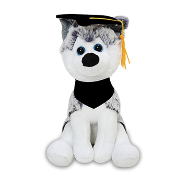 Plushland Cuddly Dog Toy, Customize Each Dog with Your School Logo on Its Black Bandanna, for Graduation Day (Graduation Husky)