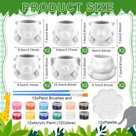 Chuangdi 12 Sets 6 Style DIY Ceramic Succulent Planters Pots Paint Your Own Craft Kit Unpainted Ceramic Animal FlowerPots with Drainage Hole, Paints Paintbrushes Palettes(Lovely Style)