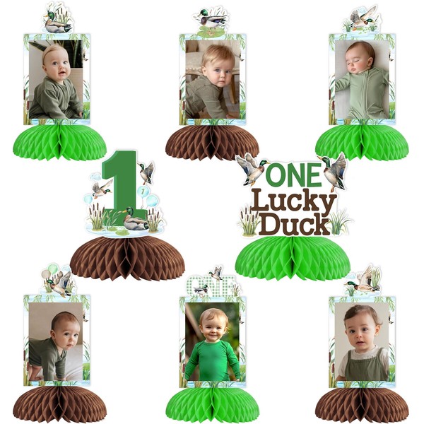 JOYMEMO 8Pcs One Lucky Duck Birthday Photo Honeycomb Centerpieces -
