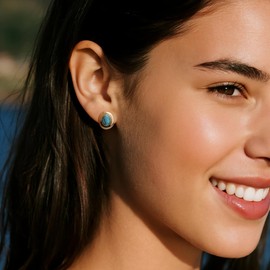 Jean Beau Gold Chunky Turquoise Stone Stud Earrings for Women, Chunky Oval Blue Gemstone Earring Wedding Prom Fashion Jewelry Gift