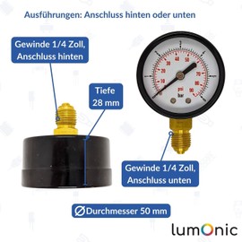 Lumonic I Pressure Gauge 0-16 Bar I 1/4 Inch I Class 2.5 I Connection Bottom I Diameter 50 mm I Pressure Gauge I for Compressed Air and Water