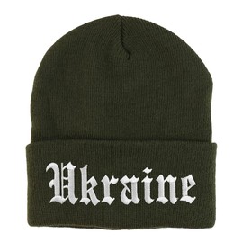 Trendy Apparel Shop Ukraine Old English Embroidered Long Cuff Beanie - Olive
