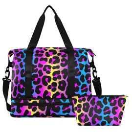 senya Weekender Bag for Women, Leopard Print Cheetah Neon Gradient Gym Sports Duffle Travel Tote with Toiletry Shoes Compartment Dry/Wet Separation Swim Bag
