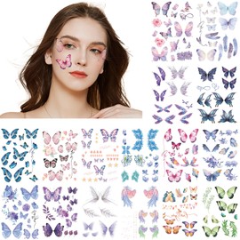 16 Sheets Butterfly Glitter Fake Temporary Tattoos for Adults, Women, Girls, and Kids- Including Fairy Makeup and Face Fairy Designs for Parties, Festivals, Beach, and Pool (220+Stlyes)