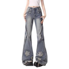 Hopecn Women Y2K Flared Jeans Star Patch Aesthetic High Rise Pants 90S Vintage Streetwear Goth Grunge Bell Bottom.(Blue2-M)